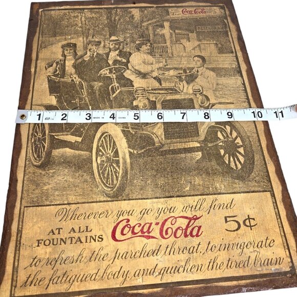 Antique COCA-COLA AT‎ ALL Fountains Model T Car Poster Wood Wall Hang 14"x 10.5" - Picture 10 of 11